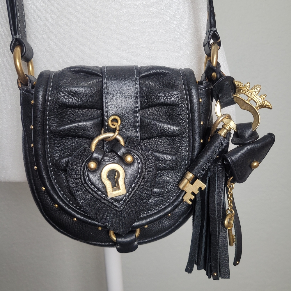 Black Leather Heart Lock Crossbody Bag with Gold Hardware